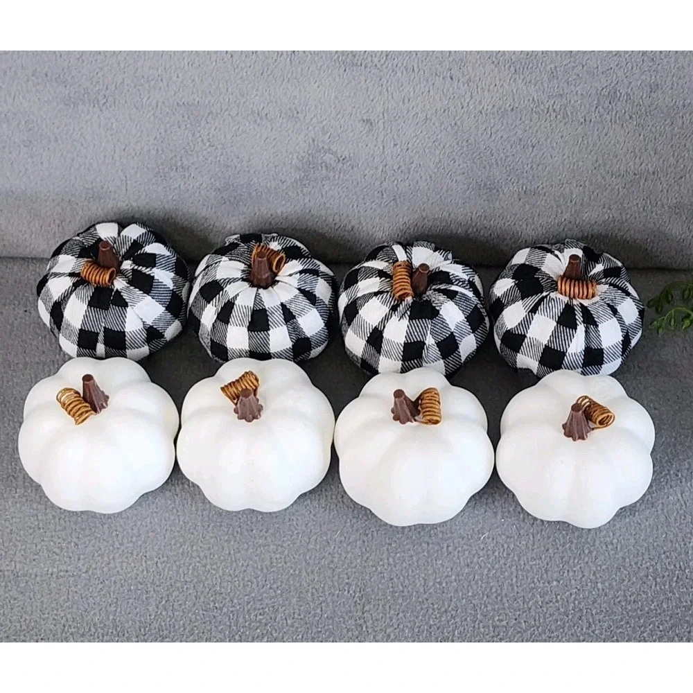 Black & White Buffalo Check Foam Pumpkins Fall Thanksgiving Table Decor 8 Pc NEW